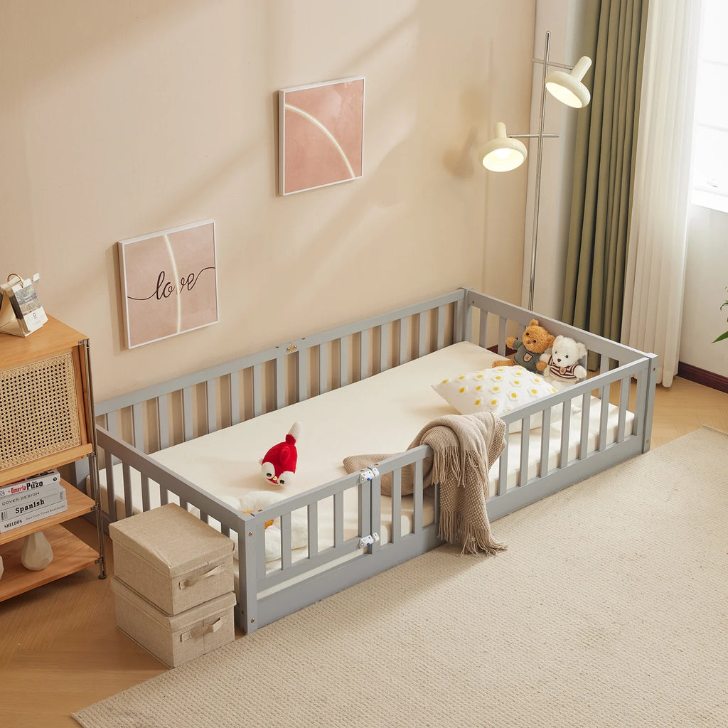 Ktaxon Montessori Twin Floor Bed with Safety Guardrails, Toddler Bed Frame for Kids, Wood Frame - Nature