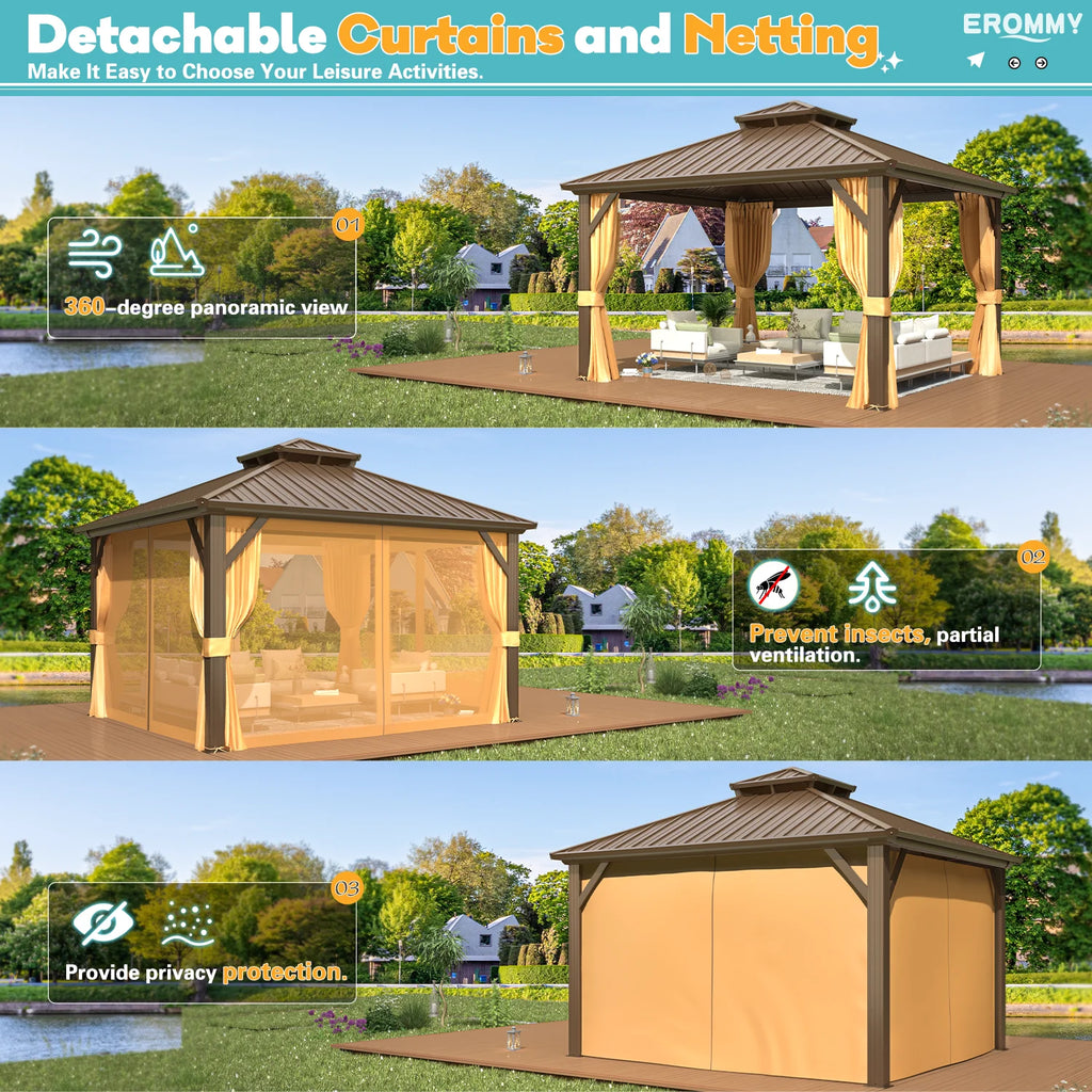 EROMMY 10'x12' Hardtop Gazebo with Galvanized Steel Double Roof & Aluminum Frame