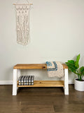 Farmhouse Pine Wood Storage Shelf Bench, Lt Brown White