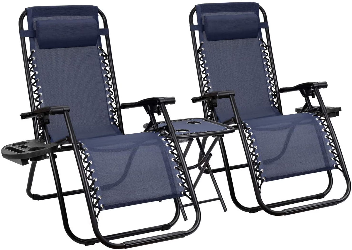 Vineego 3 Pieces Zero Gravity Chair Patio Foldable Chaise Lounge Chairs 2 Beach Chairs and Table with Cup Holders,Beige