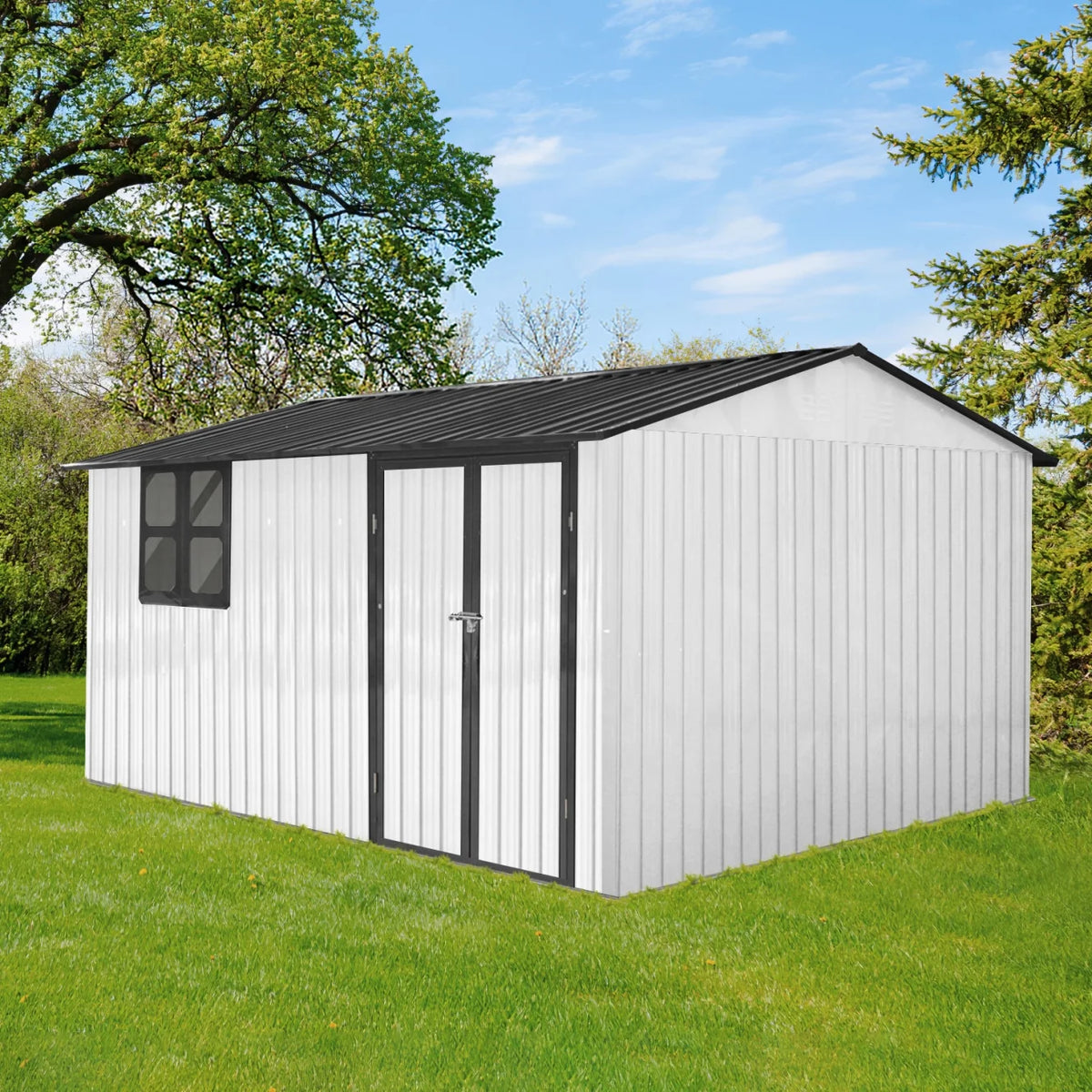 10x12 FT Outdoor Storage Shed, Metal Garden Tool Shed with Vents, Window and Bulit-in Hooks, Waterproof  Organization for Home/Backyard/Garden Tools/Lawn Storage, Yellow+White