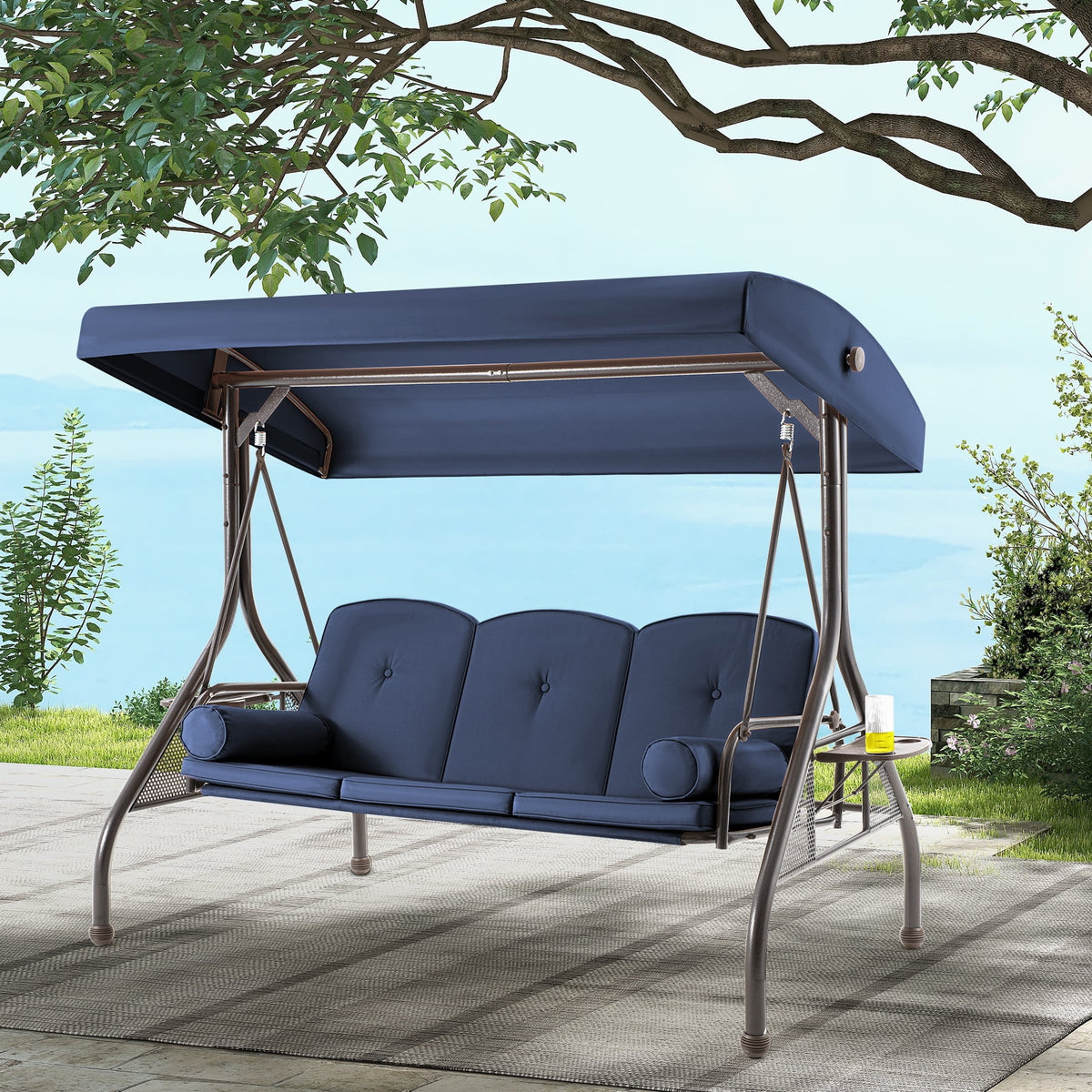 Homrest 3 Seat Outdoor Porch Swing with Adjustable Canopy, Cushions, and Cup Holder - Wine Red