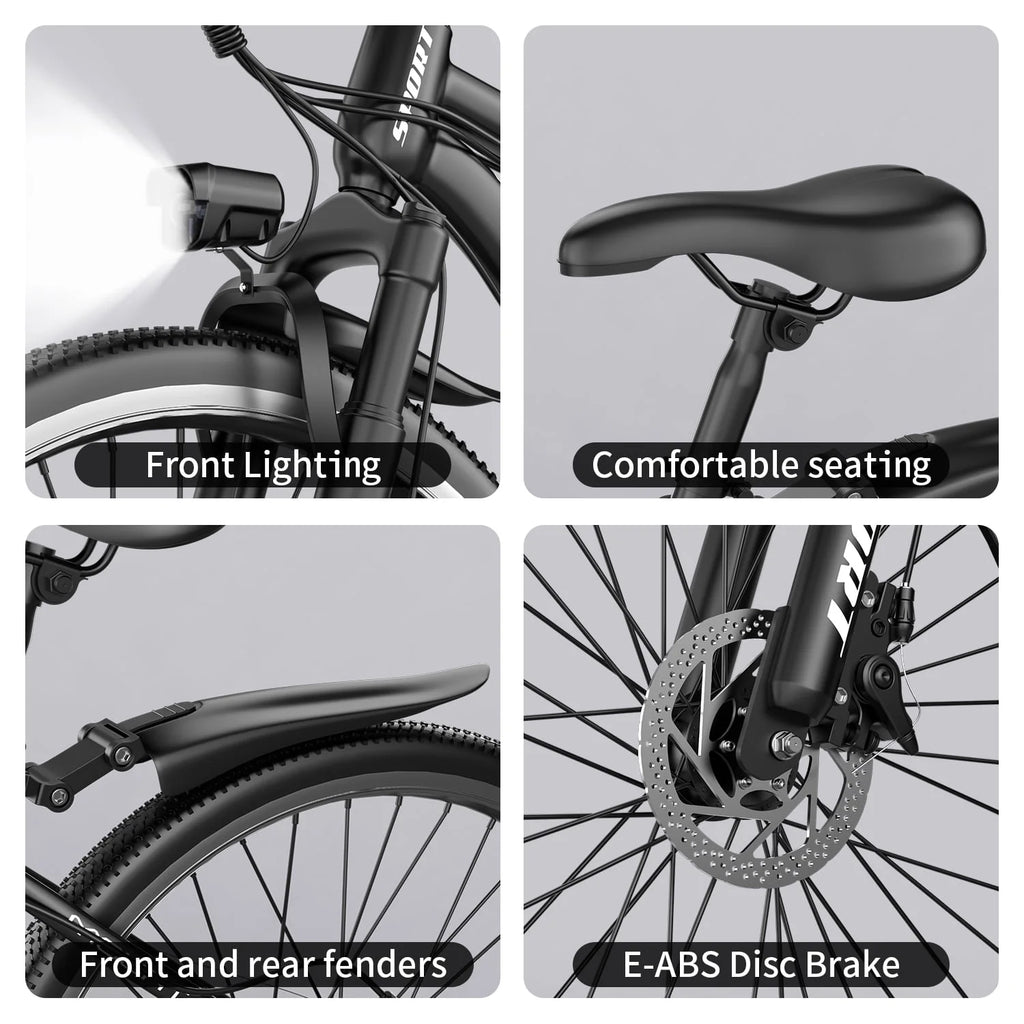 26" Electric Bike for Adults with Peak 750W Brushless Motor, 35Miles 22MPH Commuting Electric Mountain Bike with 36V 10AH Removable Battery, 7-Speed, Front Fork Suspension