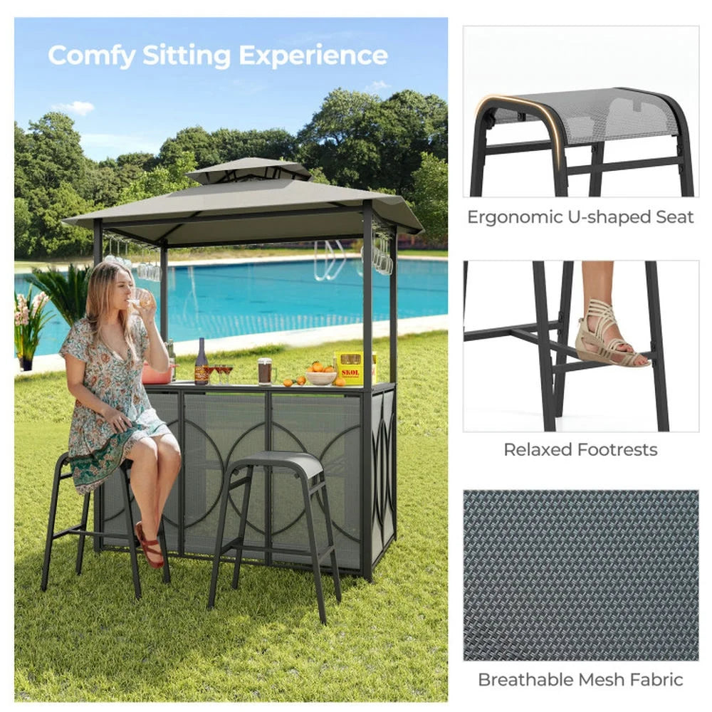 Spaco 3-Piece Patio Bar Set with A Heat-Resistant Tempered Glass Top, Grill Gazebo & 2 Bar Stools with Tempered Glass Bar Table, Bar Set for Outdoor, Brown