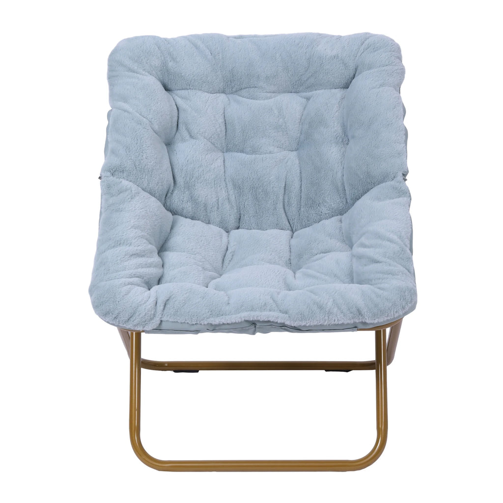 Emma + Oliver Oversized Faux Fur Folding Saucer Chair for Dorm, Bedroom, Black Faux Fur/Black Frame