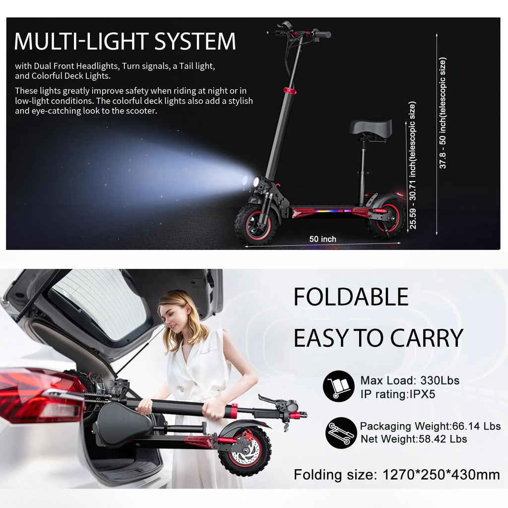 MIWEN 11'' Offroad Electric Scooter for Adult with Seat 1200W Motor up to 34MPH,30-34Miles Long Range Fast Electricscooter 48V 21Ah Foldable Escooter