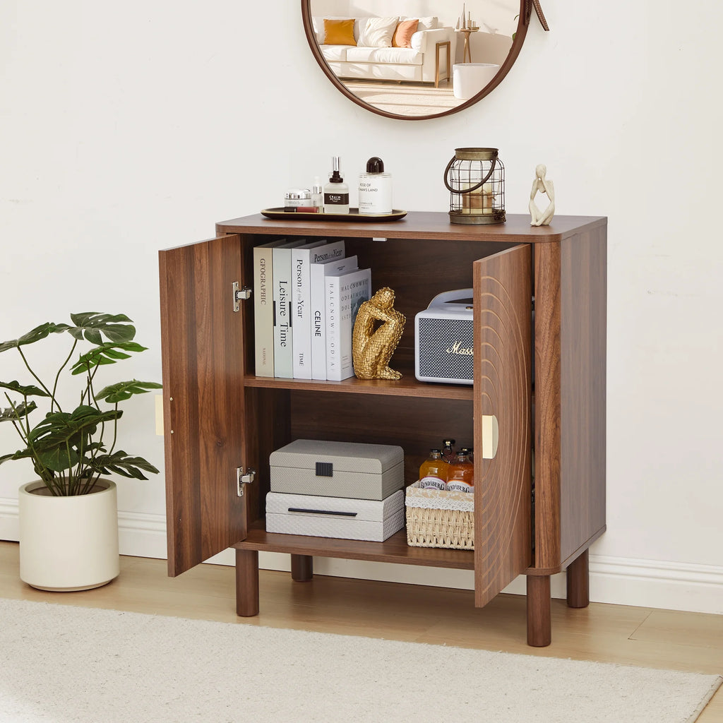 Accent Cabinet with Round Carved Line Door for Entryway Hallway, Walnut Sideboard Buffet Cabinet, Storage Cabinet with Adjustable Shelves for Living Room