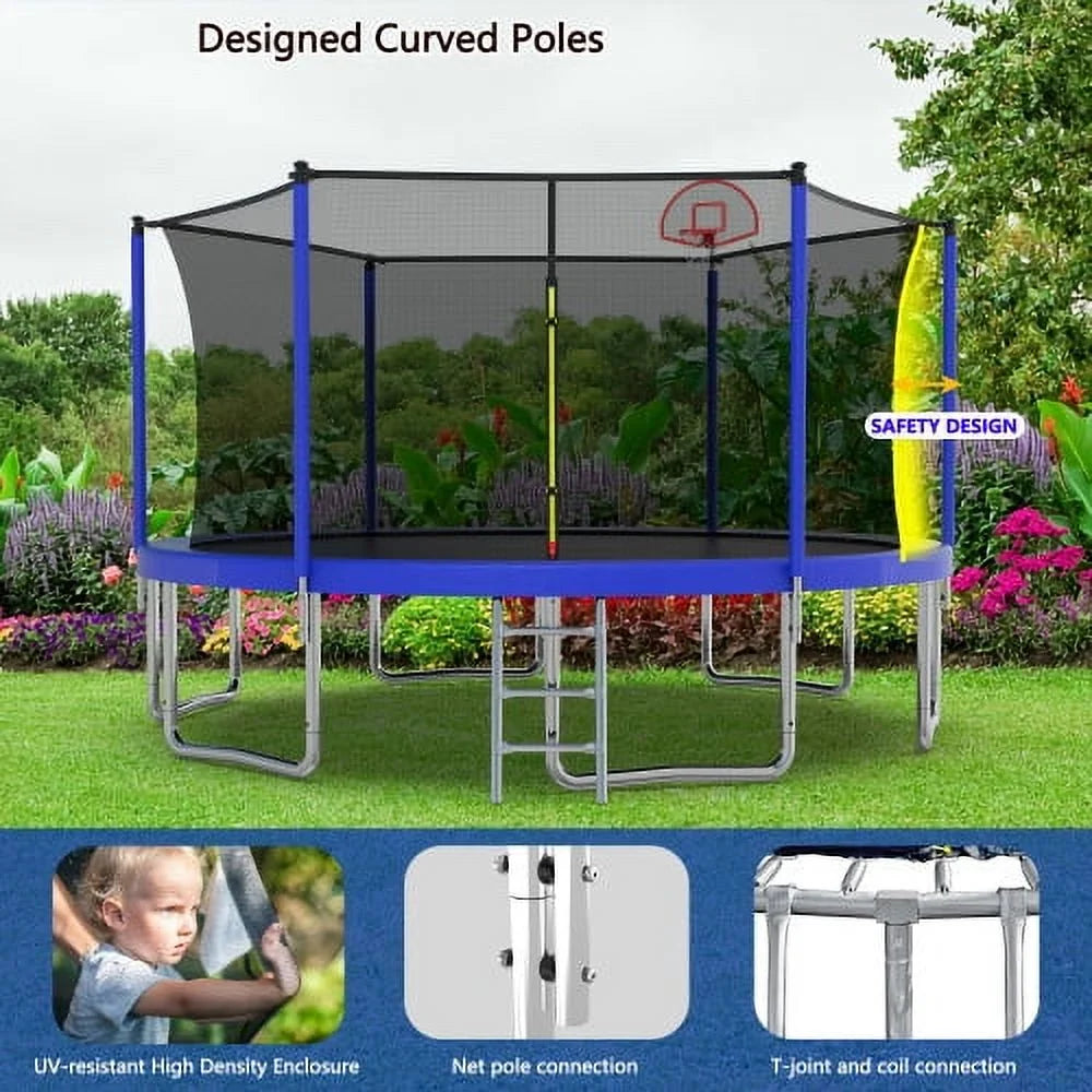14FT Trampoline for Kids and Adults,Outdoor Large Recreational Trampoline with Ladder and Basketball Hoop,Blue