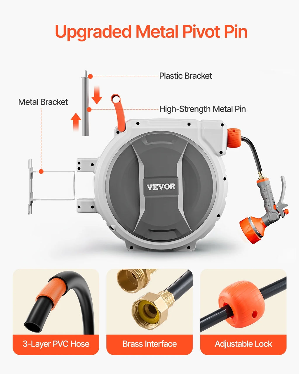 VEVOR Retractable Garden Hose Reel, 5/8 Inch x 100 ft Wall Mounted Hose Reel, Heavy Duty Garden Hose Reel with 9 Patterns Nozzle, Any Length Lock, Upgraded Slow Return System and 180 Swivel Bracket