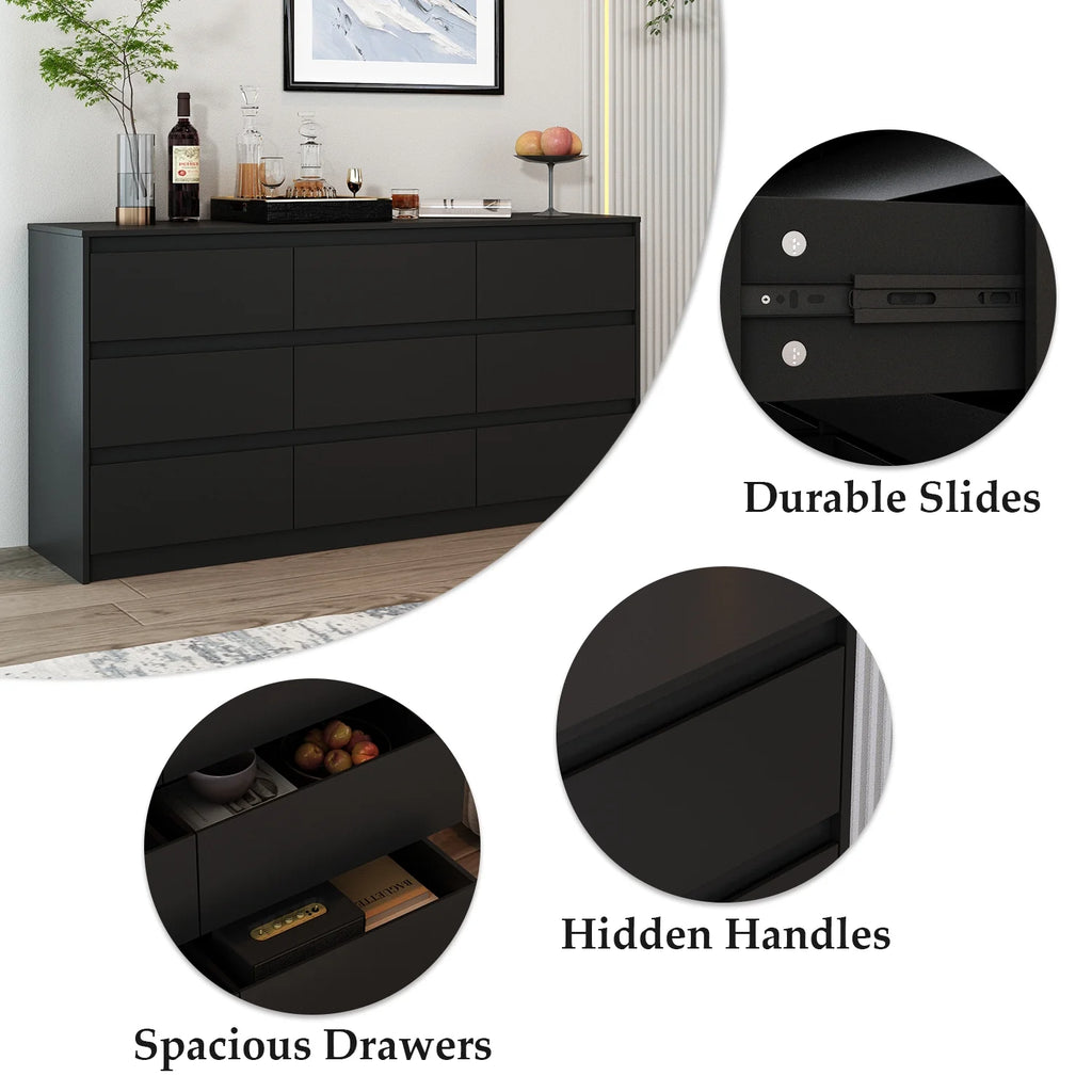 KULAGAGA 9 Drawer Dresser Chest of Drawers, 63 Wide Dressers, Modern Wood Drawer Chest Storage Organizer, No Handle Design for Bedroom Living Room Hallway, White