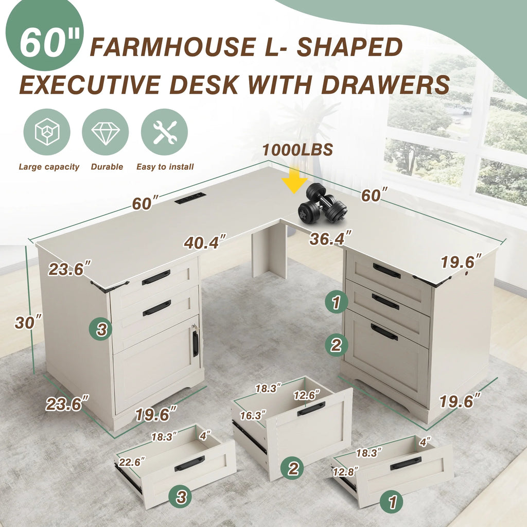 Haverchair 60" Executive L Shaped Desk with Drawers, Farmhouse Home Office Desk with Charging Station, Wood Corner Computer Desk with File Cabinet, Writing Computer Desk for Work and Study