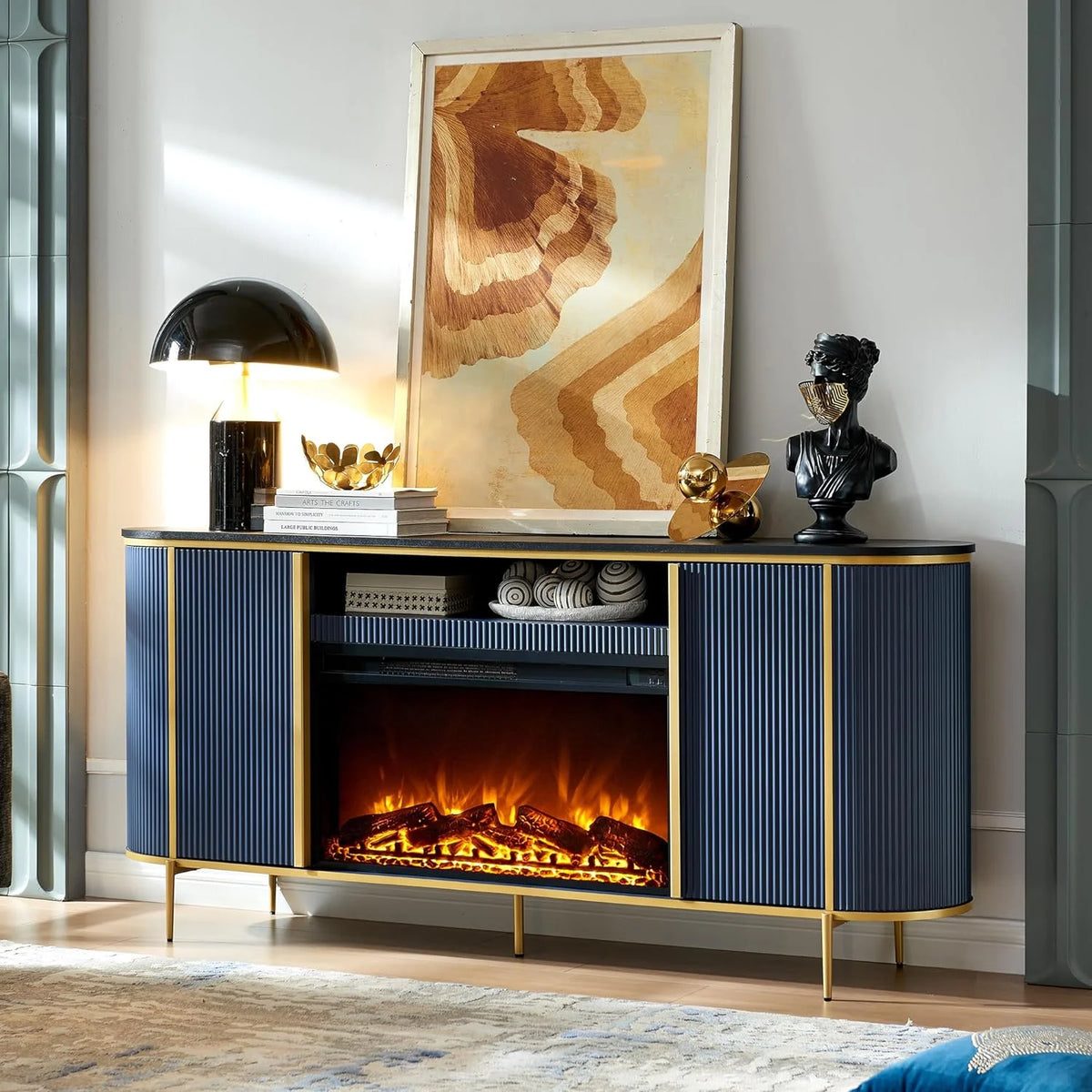 OKD Luxury Fireplace TV Stand for TVs Up to 80 inches, 70" Modern Fluted Entertainment Center with Electric Fireplace, Media Console TV Stand for Living Room,Natural Oak