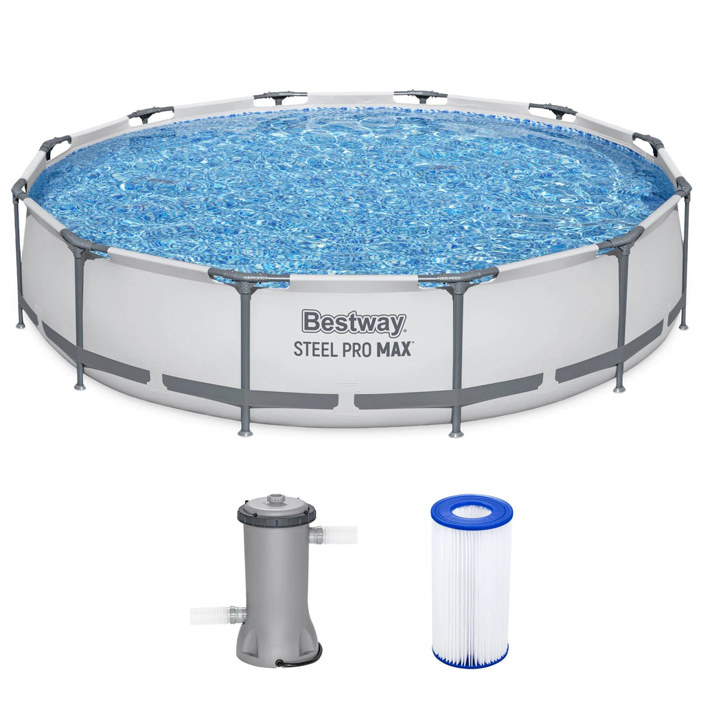 Open Box Bestway Steel Pro MAX 12' x 30" Above Ground Swimming Pool Set, Gray