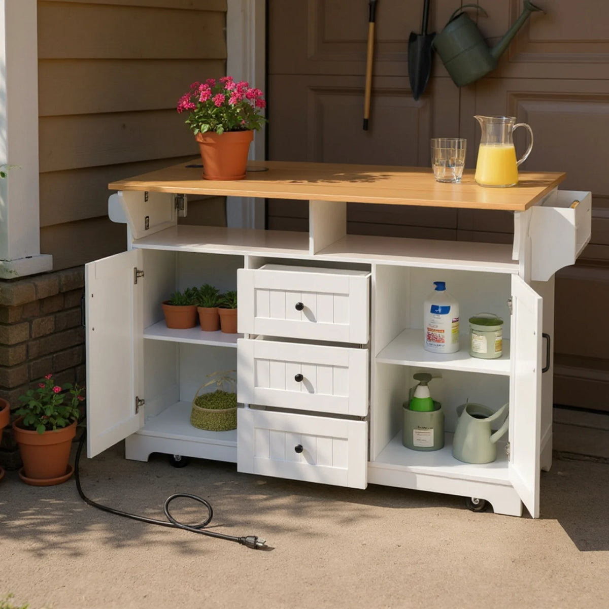 Homy Casa Rolling Large Garage Storage Cabinet with Dual Drop Leaves, Power Outlets for Office Gym, School