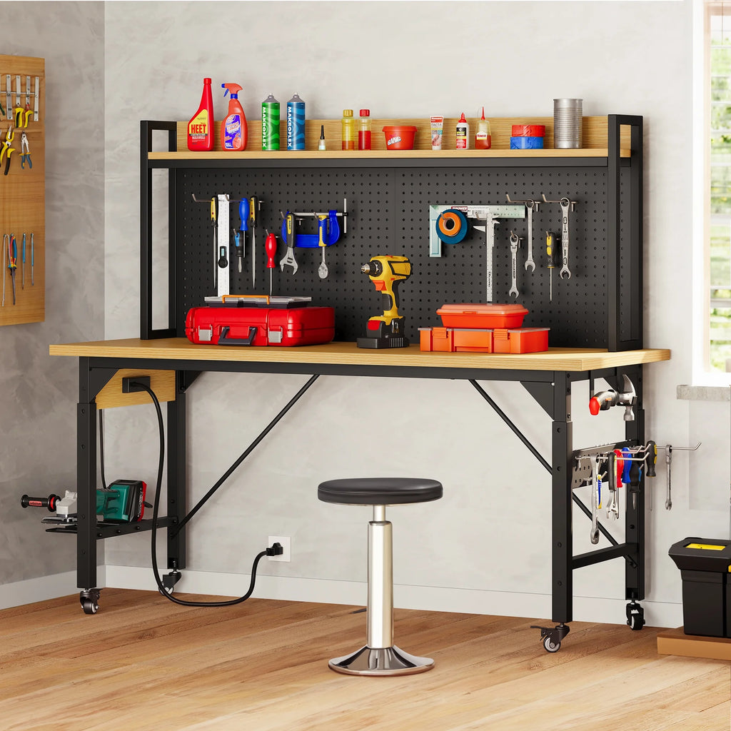 DEXTRUS Multifunctional Workbench with Wheels, 59.1" x 23.6" with Pegboard Worktable w/ Power Outlets, A3 Steel Work Bench For Garage max. Heavy Duty Workbench 2000lbs Weight Capacity