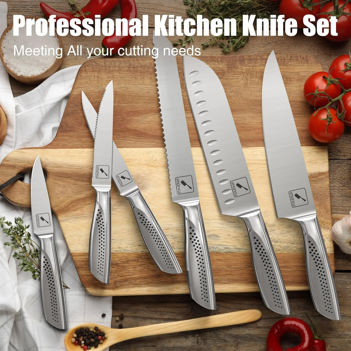 imarku Japanese HC Stainless Steel 15 Piece Kitchen Knife Set, Built in Sharpener, Sharp Knife Set with Point like Ergonomic Handle, Holiday Gift, Home Chef Knife, White