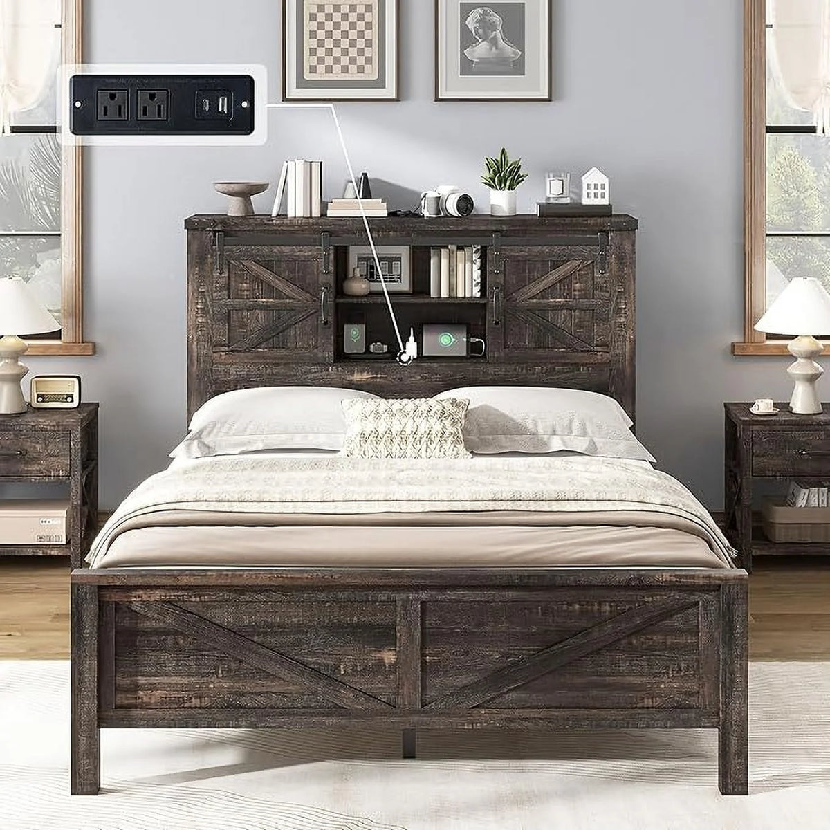 Merluxy Farmhouse Full Bed Frame with Storage Bookcase & Charging Station, Bedroom Furniture, Grey