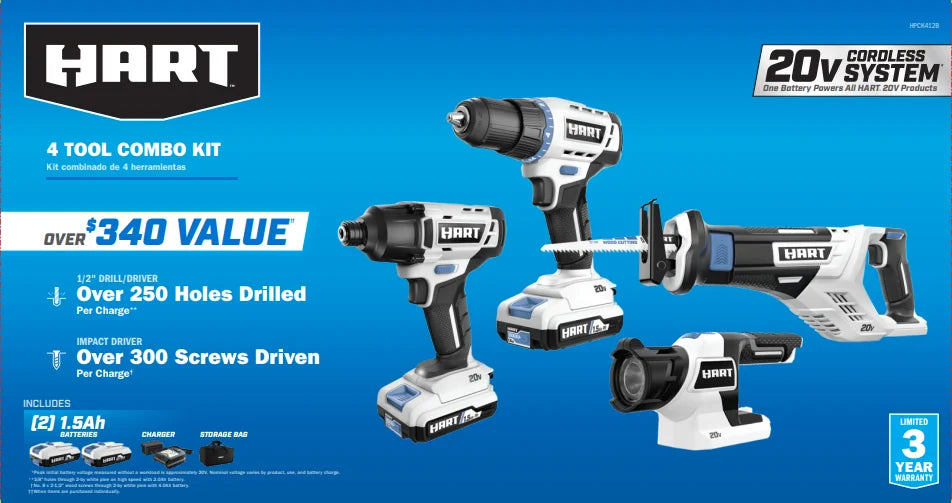 HART 20-Volt Cordless 4 Tool Combo Kit