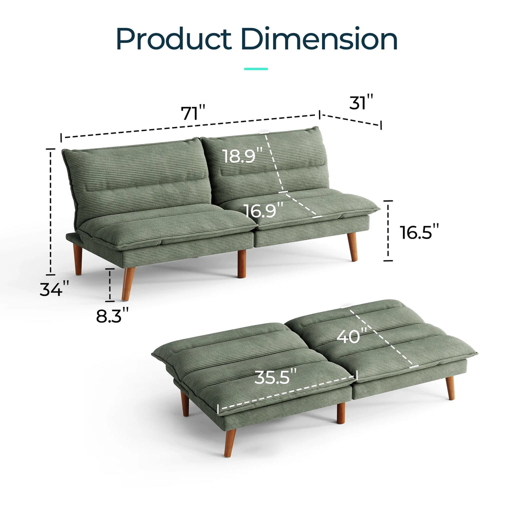 Linsy Home 71" W Corduroy Convertible Futon Sofa Bed, Army Green