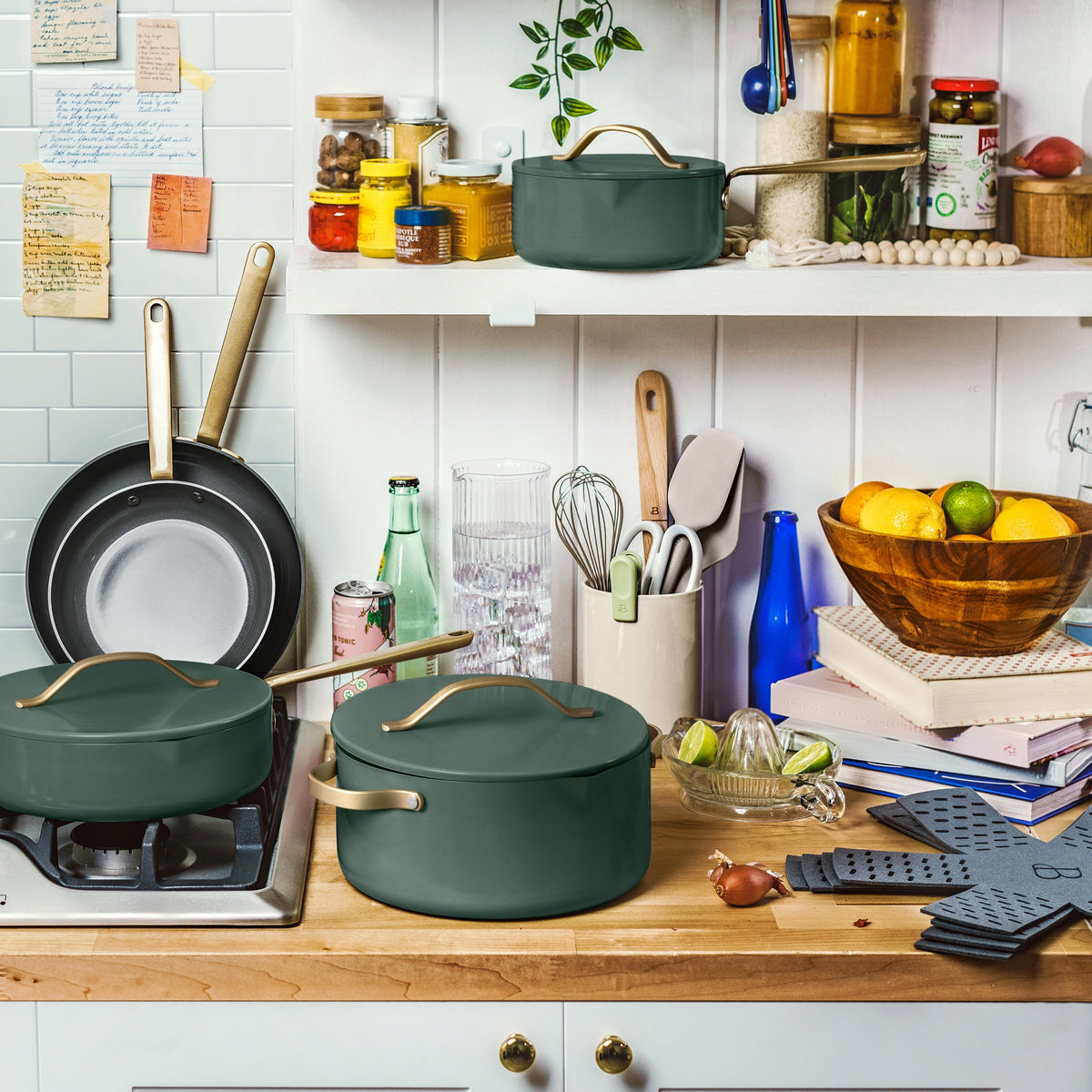 Beautiful 12pc Ceramic Non-Stick Cookware Set with Strainer Lids, White Icing by Drew Barrymore