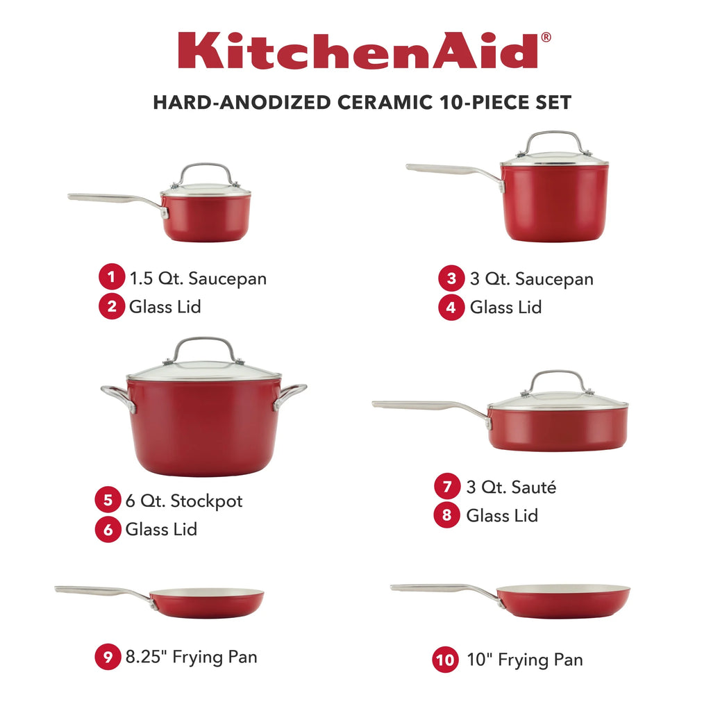KitchenAid Hard Anodized 10 Pcs Ceramic Nonstick Cookware Pots and Pans Set, Oven Safe to 500F, Pistachio