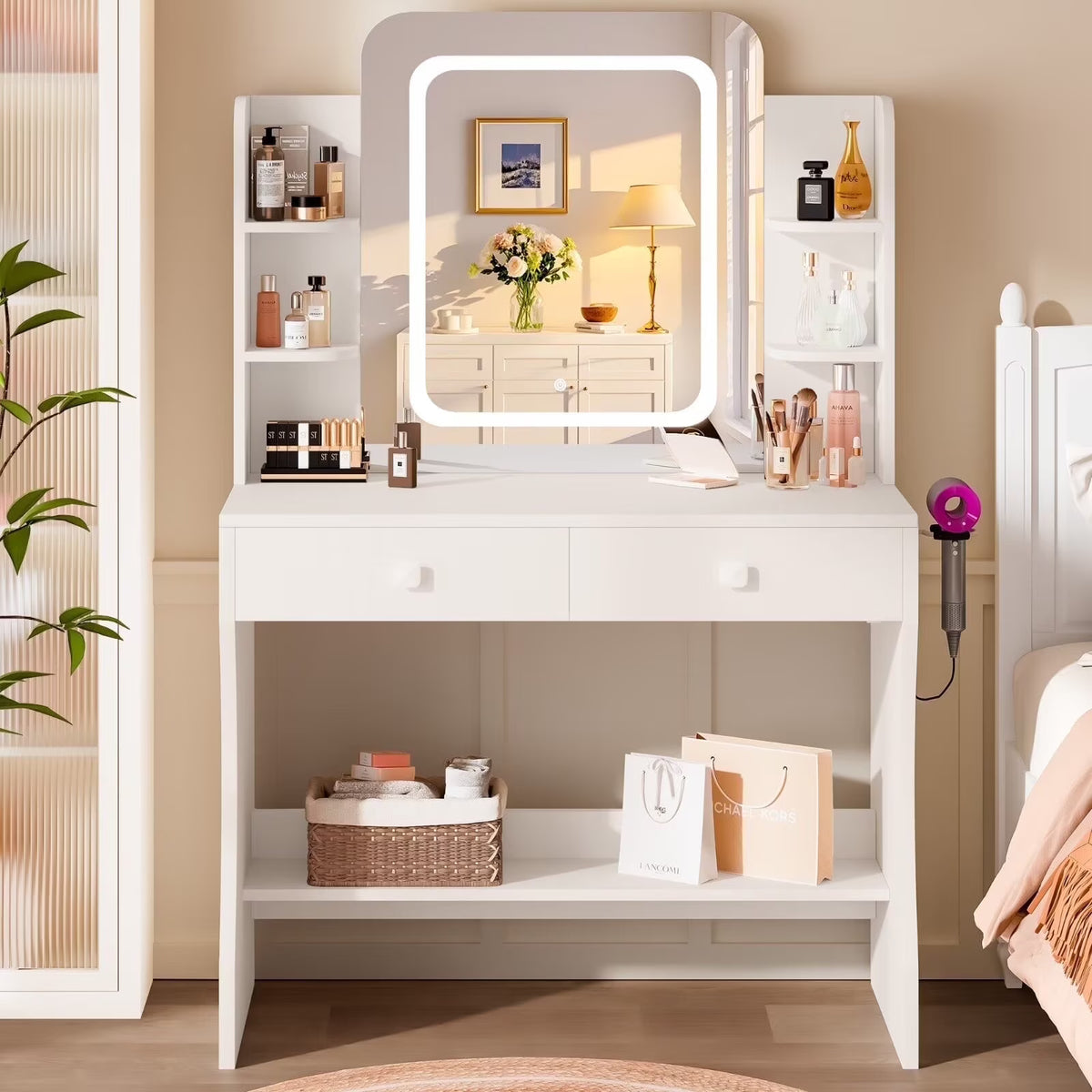 LIVELYGLOW Vanity Desk Set with Square Mirror and Light- Small Vanity Table with Drawers- White