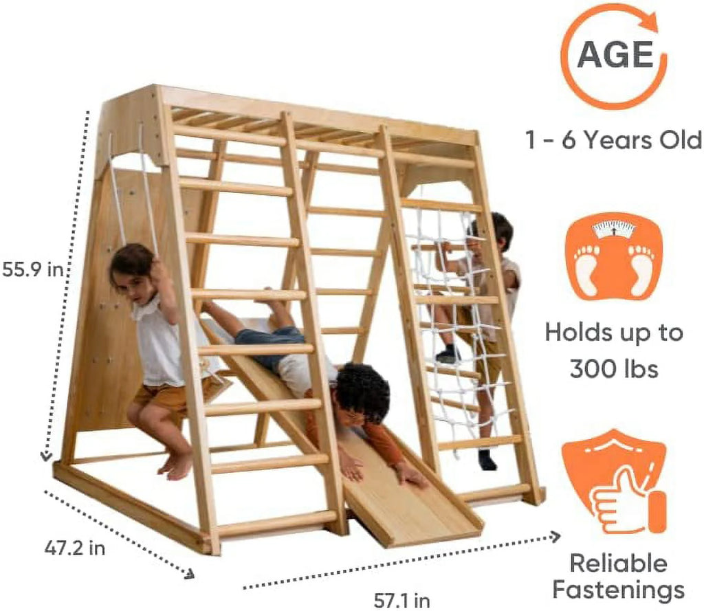 Avenlur Indoor Toddler and Child Indoor Gym Playground Climber - Real Wooden Playset 6-in-1 Slide, Rock Climb Wall, Rope Wall Climbing, Monkey Bars, Swing, Ladder Fun Gym for Children