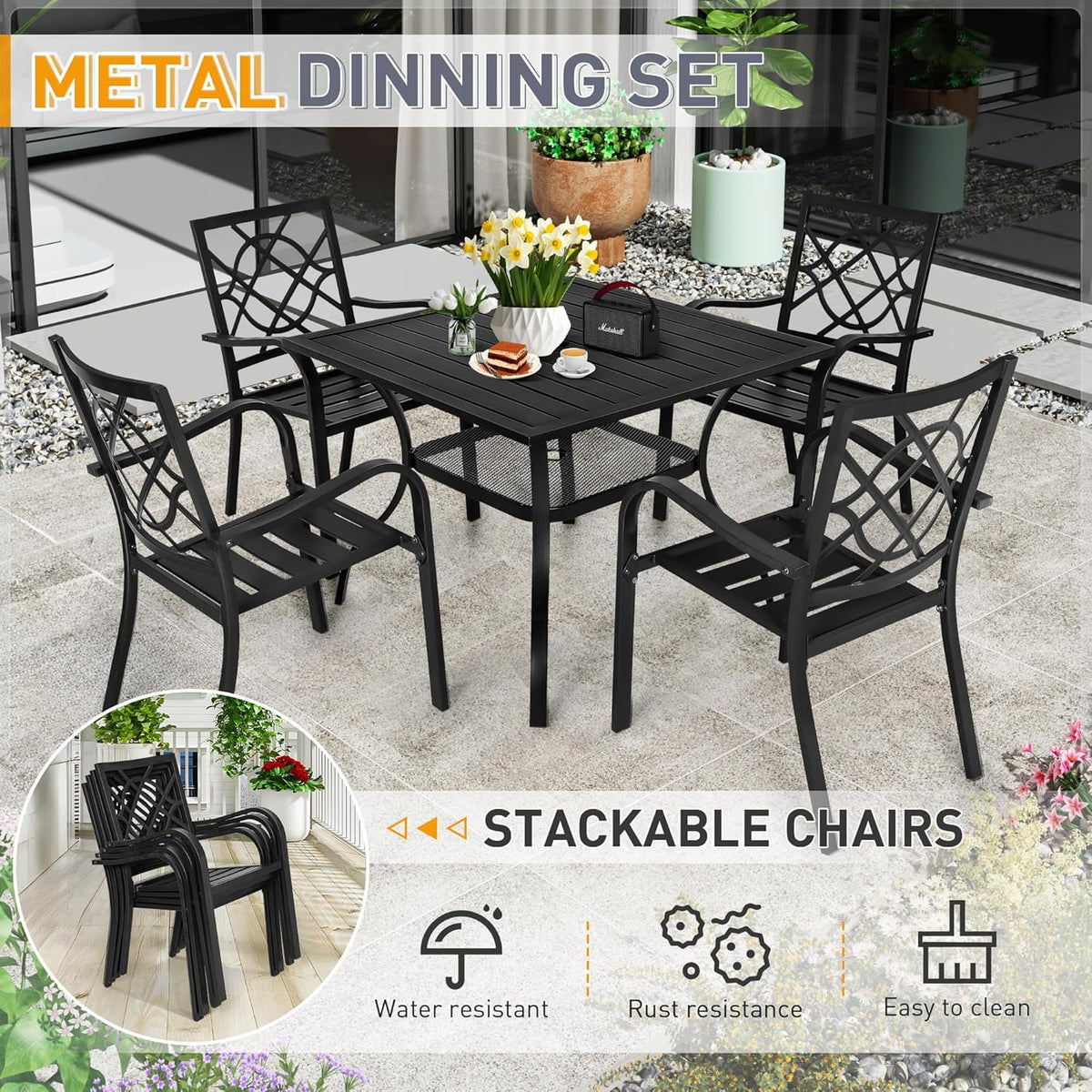 SUNCROWN 5-Piece Outdoor Wrought Iron Chairs and Table Patio Dining Furniture Set - 4 Stackable Metal Chairs, 1 Steel Slat Bistro Table and 1 Sky Blue 9Ft Patio Umbrella for Garden Backyard Deck