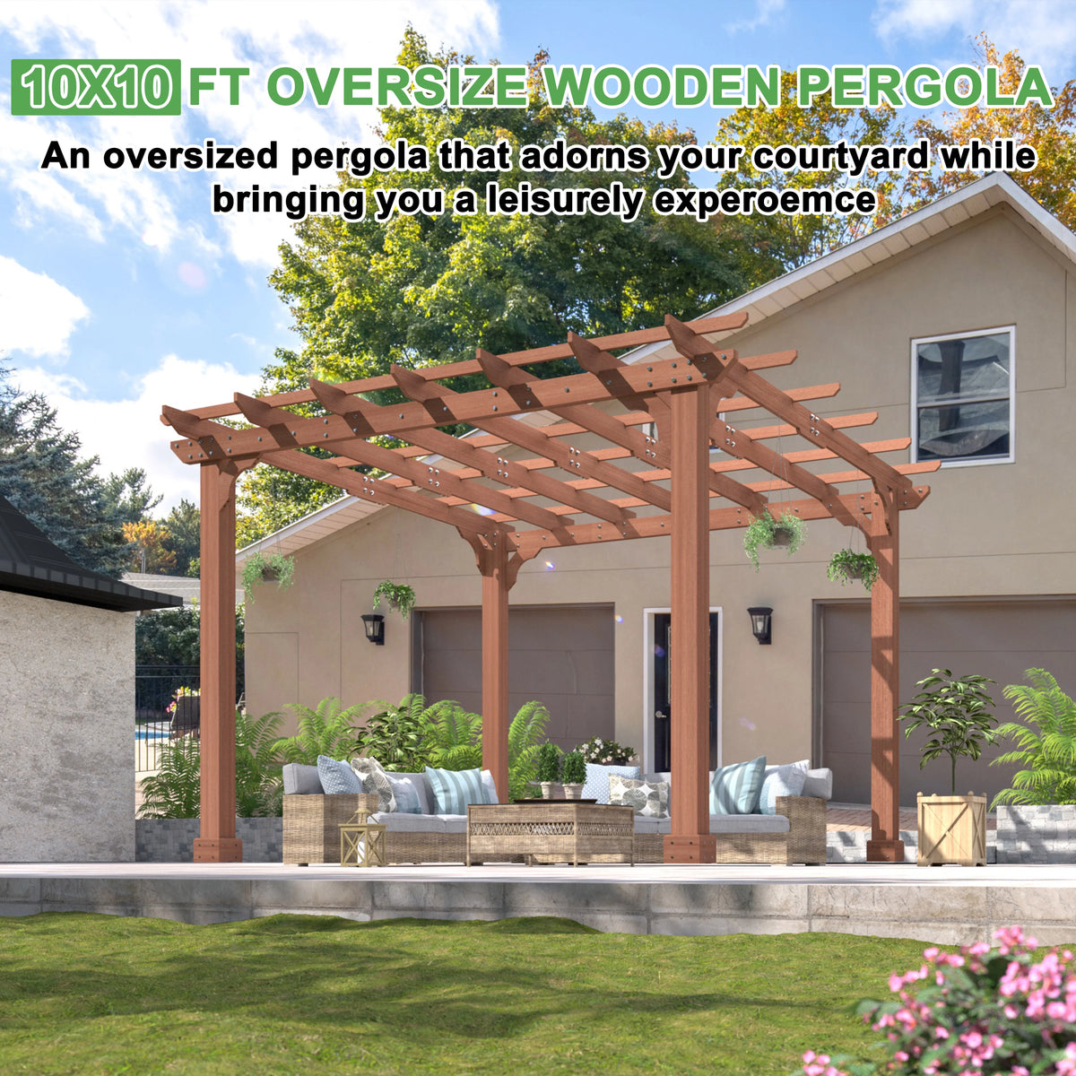 VEIKOUS 12'x10' Cedar Wood Pergola w/ Flat Roof and Ground Stakes for Outdoor Patio, Garden, Deck