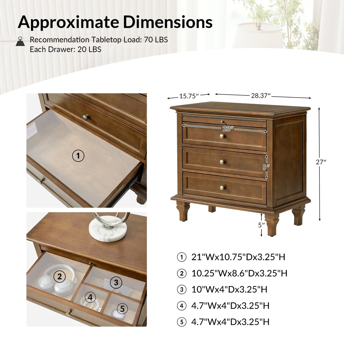 Farmhouse 3 Drawers Nightstand with Tray Bedside Table with Charging Station Acorn