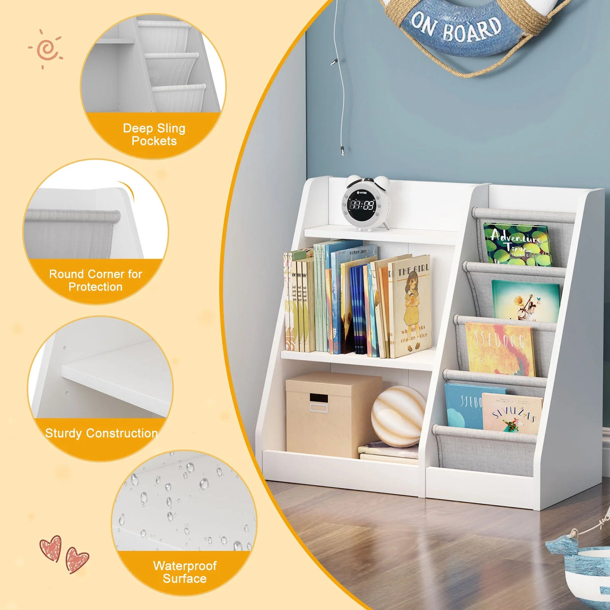 Hironpal Small 3 Tier Kids Bookshelf with 4 Layer Sling Adjustable Book Display Shelf for Nursery Playroom Kids Baby Bedroom