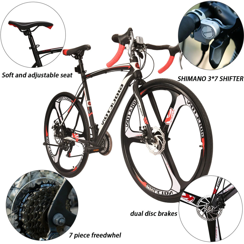 Eurobike XC550 Road Bike 21 Speed 700C wheels Racing Bike for Men 54Cm Adult Commuter Bicycle 3 Spoke wheels Black