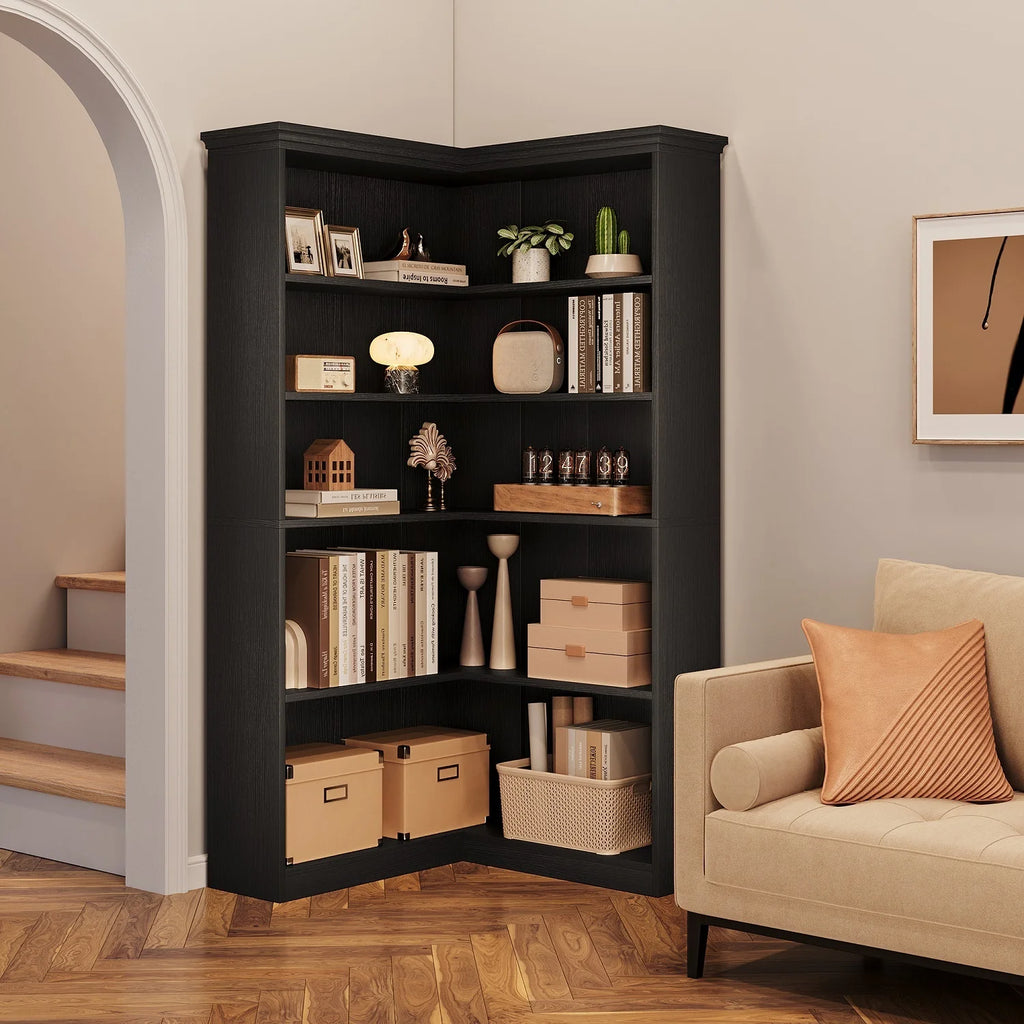 EuKer 5 Tier Corner Bookcase, L-Shaped Bookshelf with Large Storage Capacity for Living Room, Bedroom, Office (Half Panel, Retro Brown)