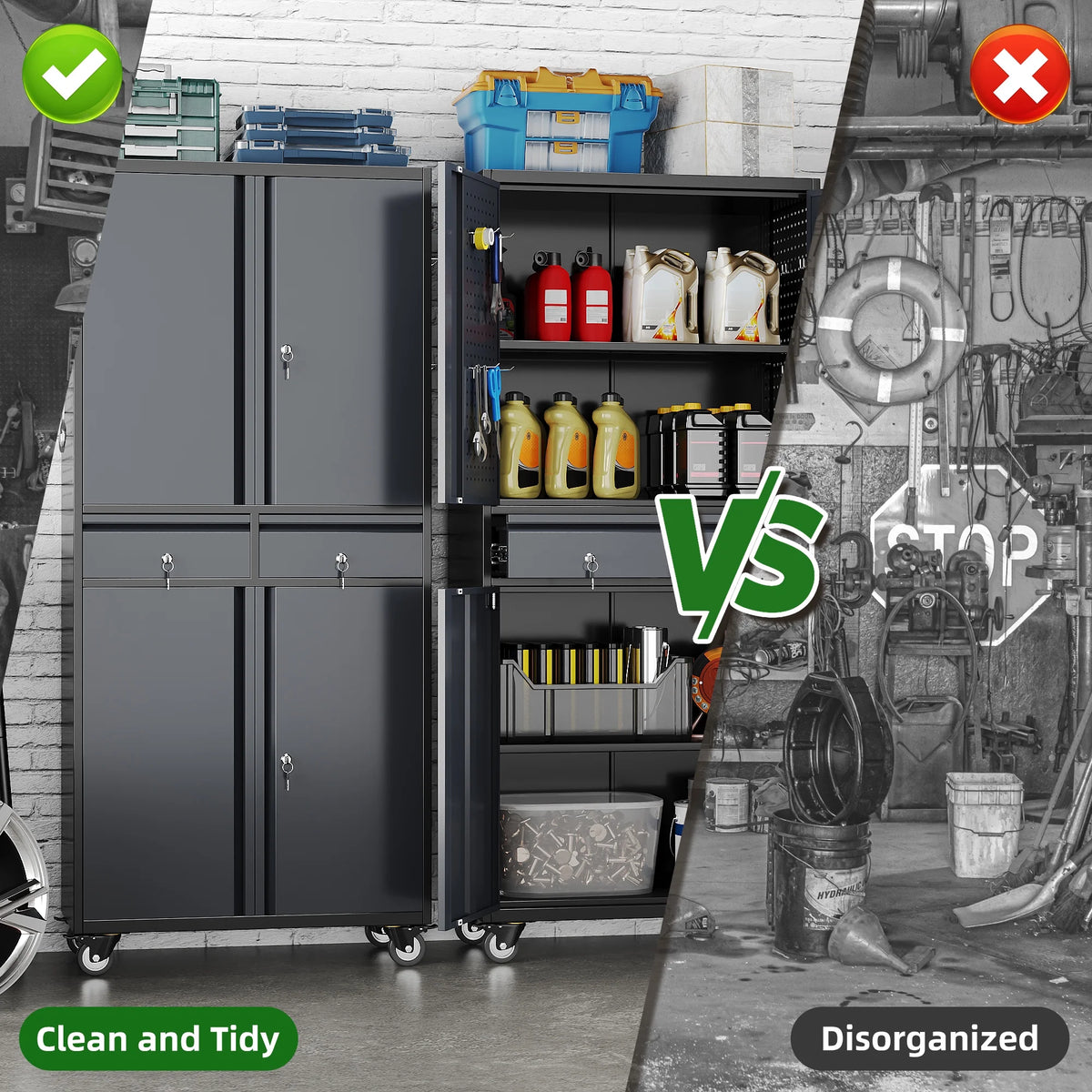GangMei 71 Inches Tall Metal Garage Storage Cabinets with 5 Adjustable Shelves & Pegboards, Lockable Steel Black Storage Cabinet with Doors for Office, Home, School, Shops, Garage, Assembly required