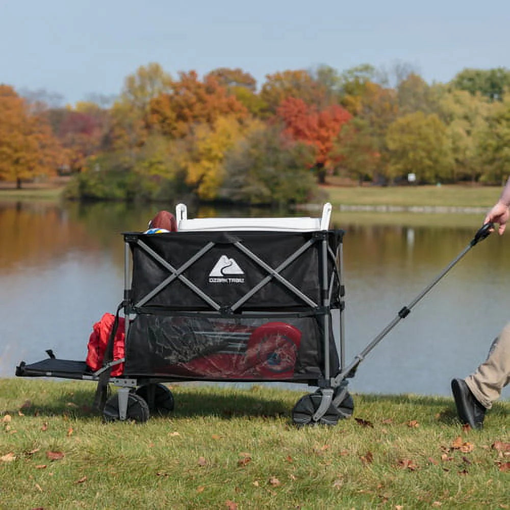 Ozark Trail Double Decker Folding Wagon with Extension Handle, Black