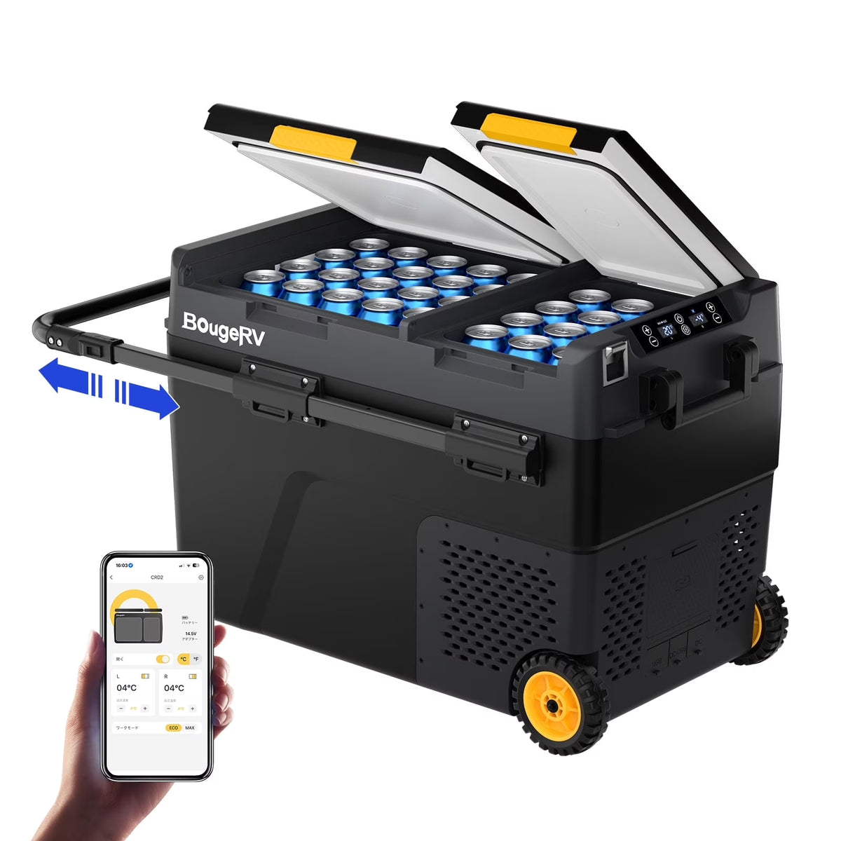 BougeRV Car Refrigerator 61QT Dual Zone, 12 Volt Portable Freezer Fridge with Wheels, APP Control Compressor Refrigerator 12V/24V DC for RV Truck Vehicle Boat Outdoor Travel Camping Trip Use