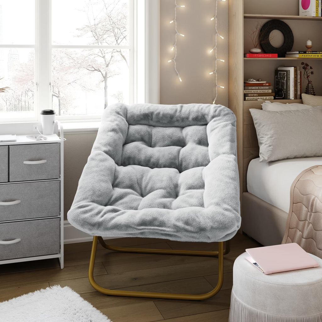 Emma + Oliver Oversized Faux Fur Folding Saucer Chair for Dorm, Bedroom, Black Faux Fur/Black Frame
