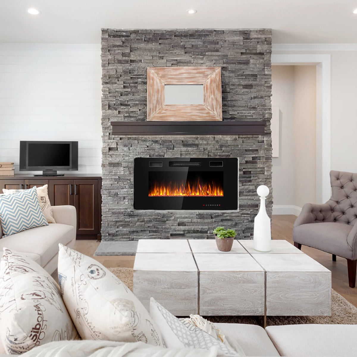 Costway 36'' Electric Fireplace Recessed Ultra Thin Wall-Mounted Heater w/Multicolor Flame