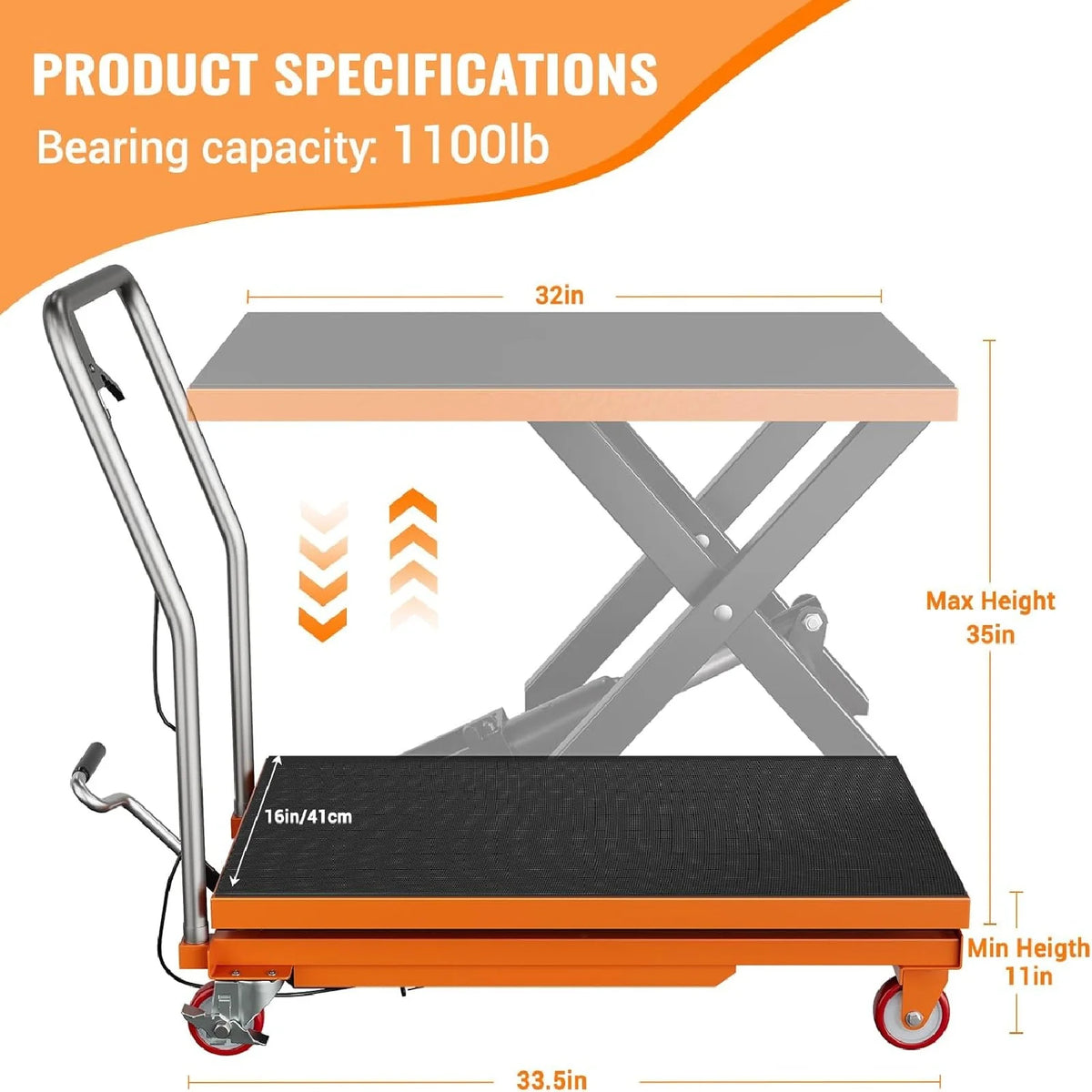M optimized Hydraulic Lift Table, 500 Lbs Capacity Hydraulic Table Cart, Single Scissor Lift Cart 28.5 Inch Lifting Height with 4 Wheels and Non-Slip Pad for Material Handling, Black