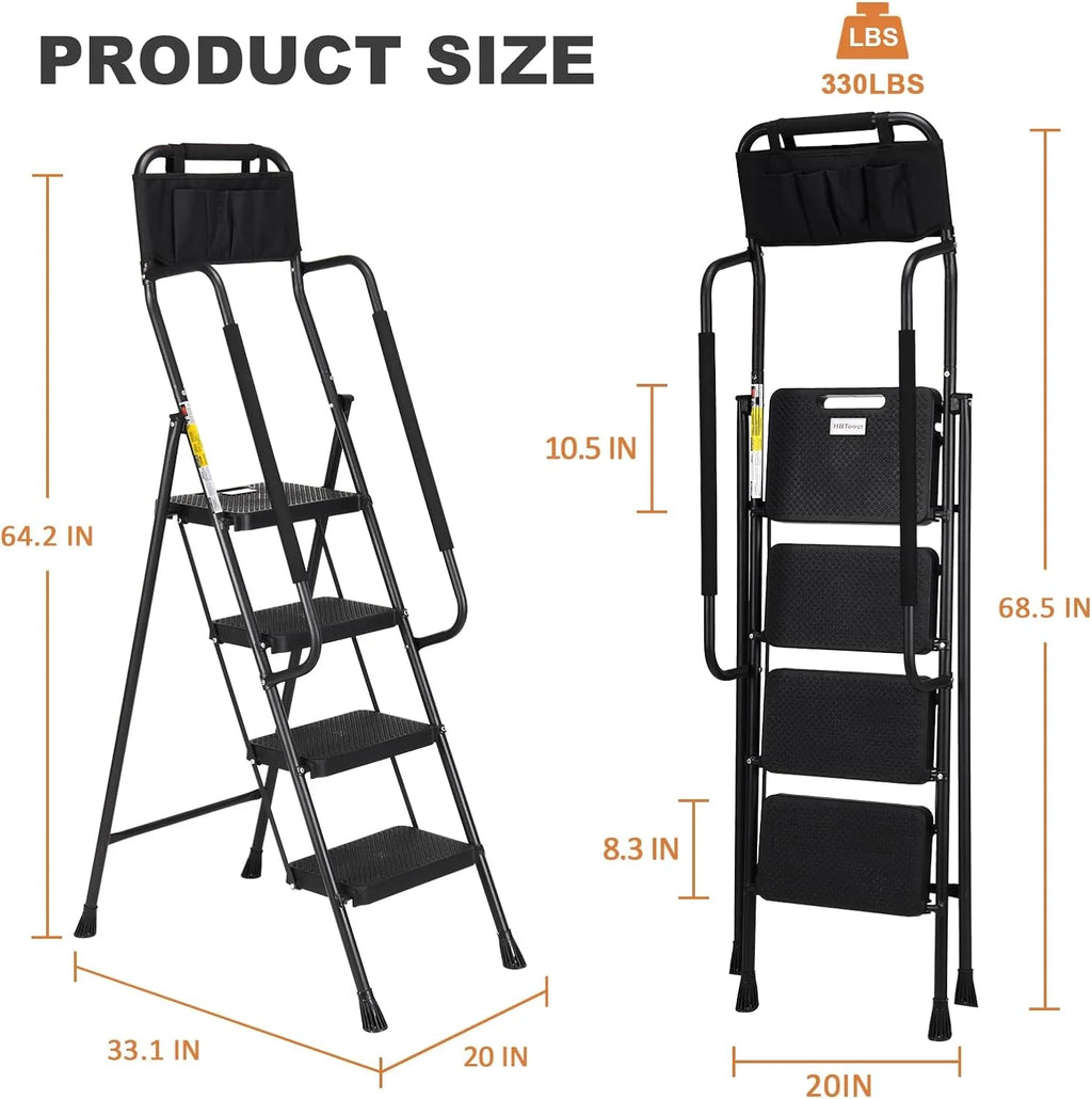 HBTower 4 Step Ladder with Handrails and Tool Bag, Folding Step Stool with Attachable  Anti-Slip Wide Pedal, Black