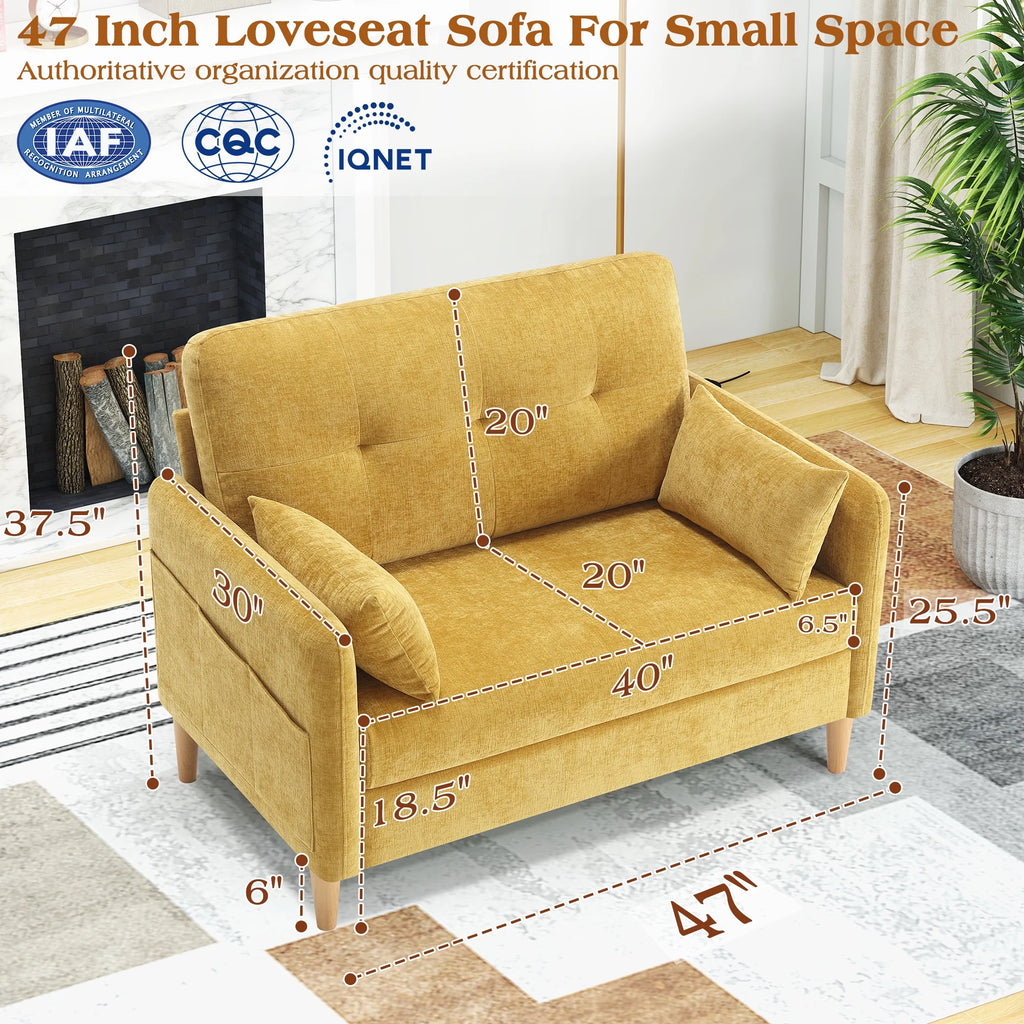 BedLuxury 47'' Wide LoveSeat, 2-seat Chenille sofa with 2 Pillows for Living Room and Small Spaces, Dark Grey