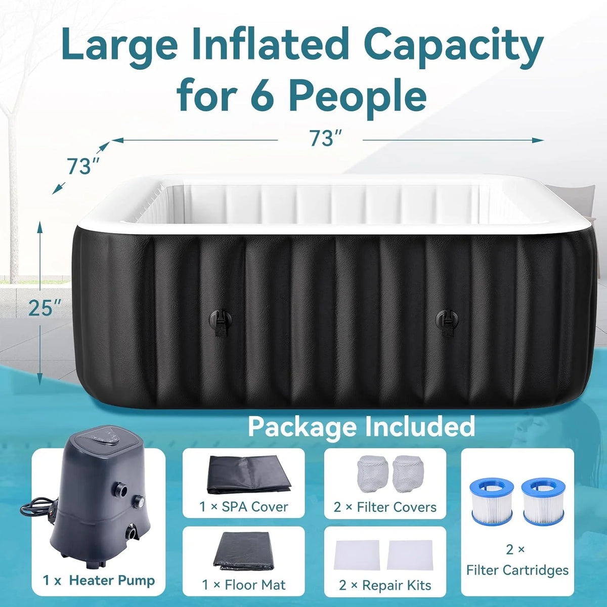 4-6 Person Inflatable Hot Tub, Large Polygon Portable Blow up Hot Tub, Leak-Proof PVC Outdoor Spa with 130 Air Jets, Insulated Cover and Heater Pump, 77 X 77 X 25