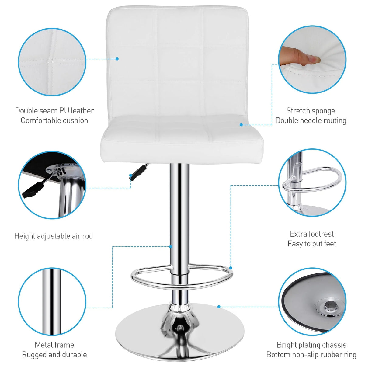 ZenSports Set of 2 Height Adjustable Swivel Bar Stool PU Leather Kitchen Counter Stool W/Back, White
