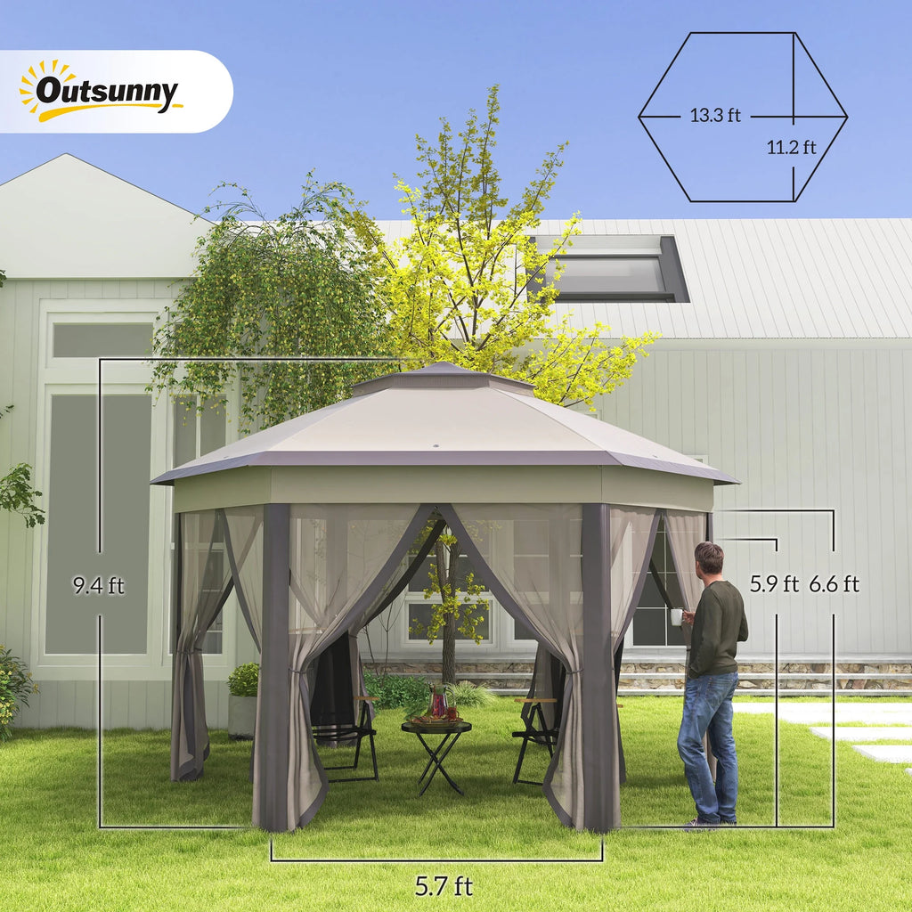 Outsunny 13' x 13' Pop Up Gazebo Hexagonal Canopy with 6 Zippered Mesh Netting, 2-Tier Roof Event Tent with Steel Frame for Patio Backyard, Gray