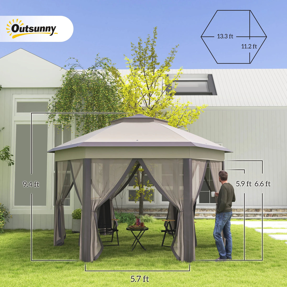 Outsunny 13' x 13' Pop Up Gazebo Hexagonal Canopy with 6 Zippered Mesh Netting, 2-Tier Roof Event Tent with Steel Frame for Patio Backyard, Gray