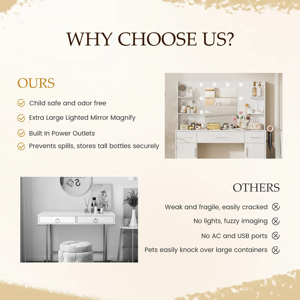 MCQ Dressing Table with Mirror and Light, Adjustable Brightness Dressing Table with Drawers and Storage Shelves, White