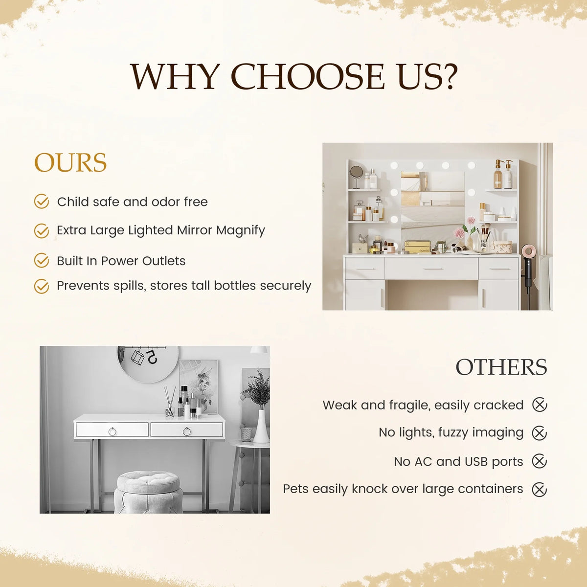 MCQ Dressing Table with Mirror and Light, Adjustable Brightness Dressing Table with Drawers and Storage Shelves, White