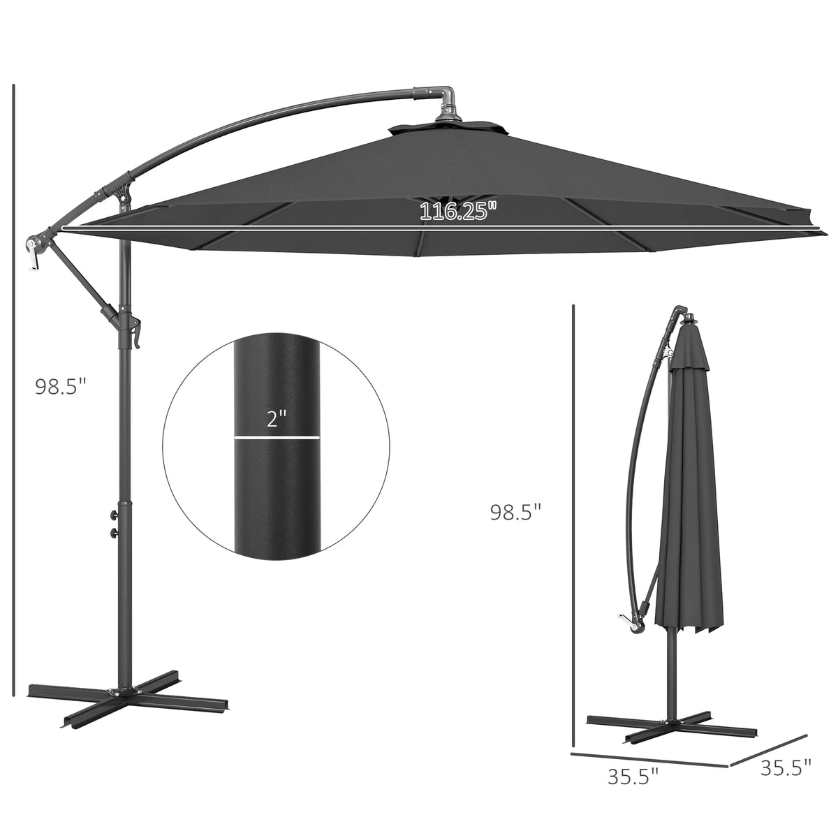 Outsunny 10' Cantilever Hanging Tilt Offset Patio Umbrella with UV & Water Fighting Material and Cross Base (Weight Not Included), Gray