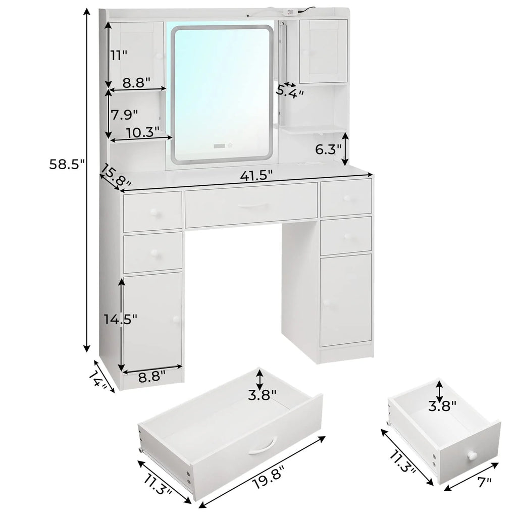 Tiptiper Large Vanity Desk with Lighted Mirror, 5 Drawers Makeup Vanity with Charging Station and Smart Mirror, Time Temperature Display, White