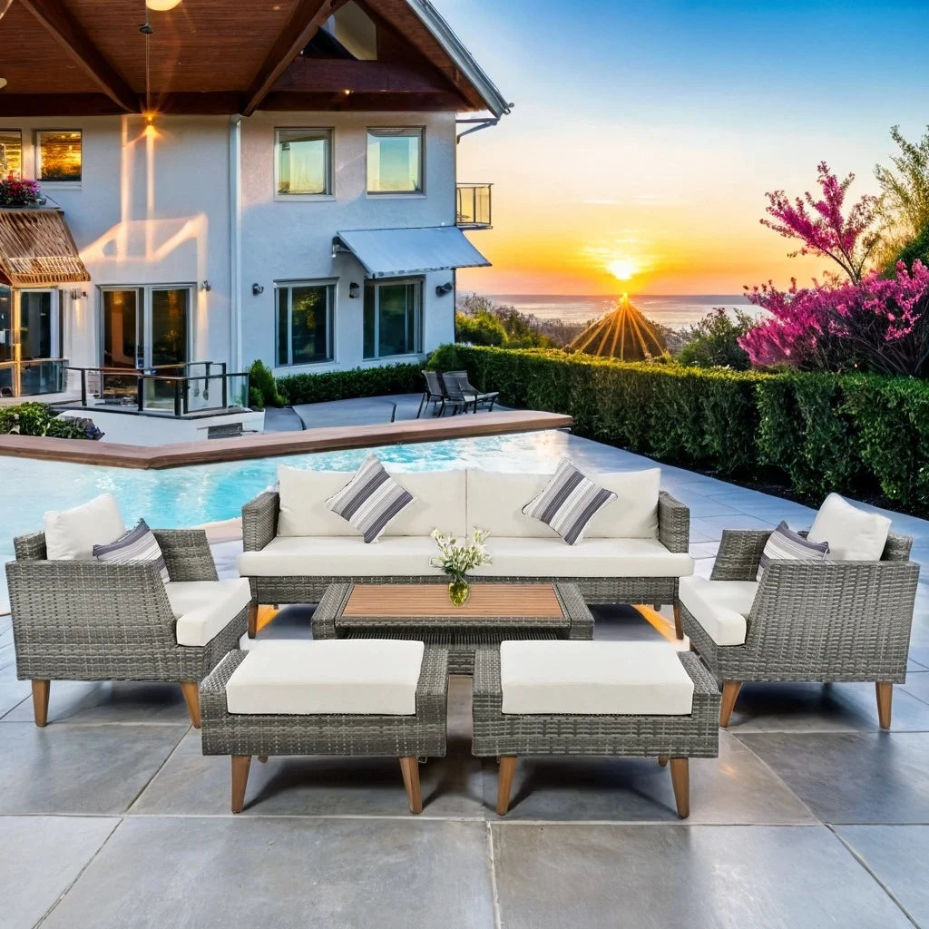 6 Pieces Wicker Patio Furniture Set Outdoor Conversation Set, All Weather PE Rattan Sectional Sofa Couch with Storage Table and Cushions, Beige